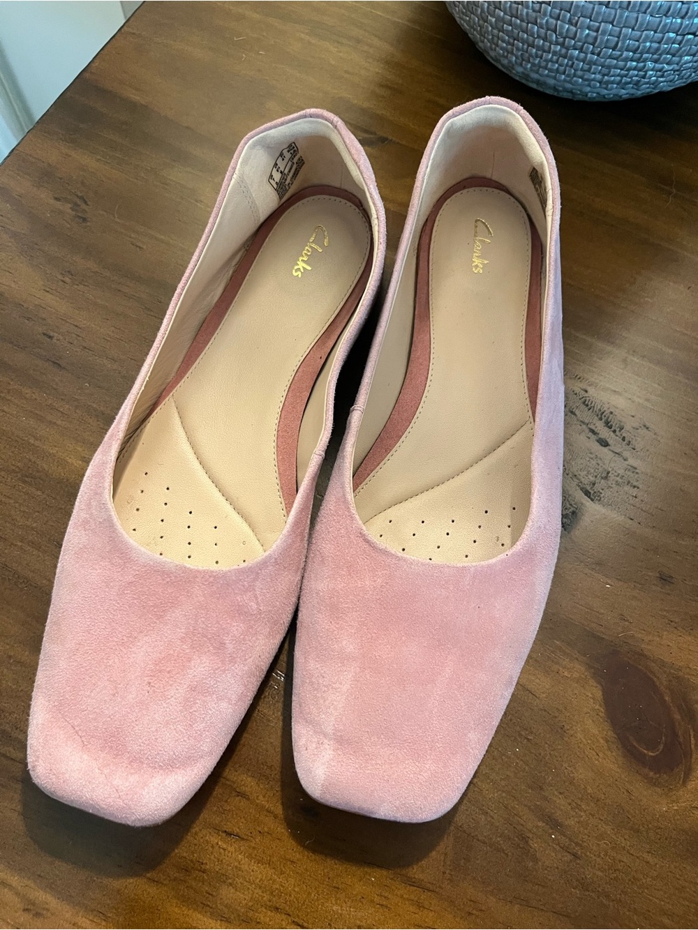 Clarks Pink Suede Square-Toe Ballet Flats